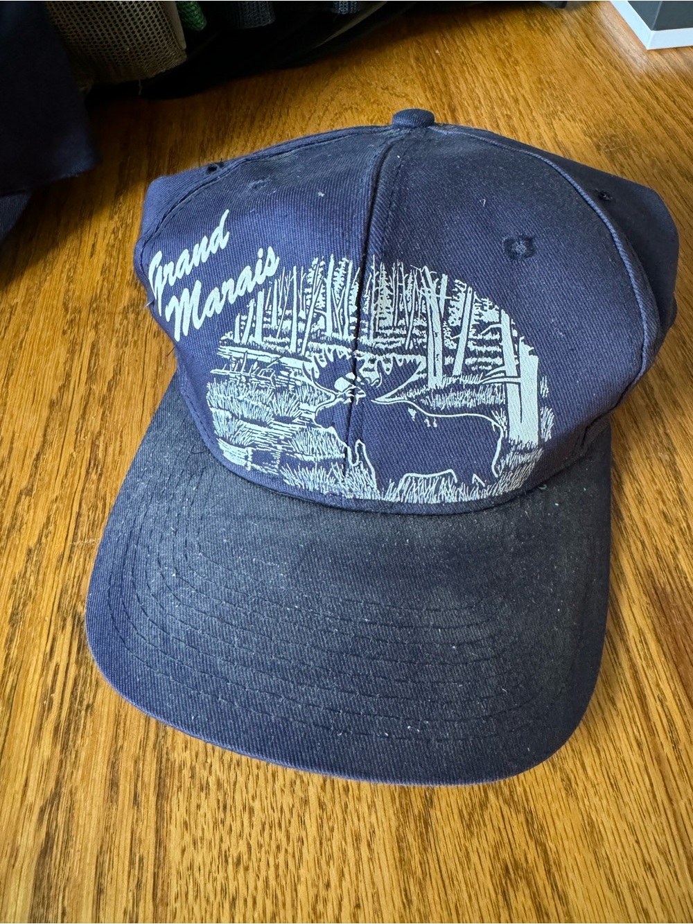 VINTAGE Navy Moose Grand Marais Graphic Baseball Cap